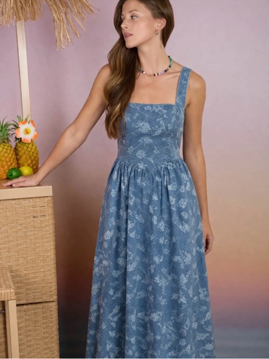 Blu Pepper Dresses & Skirts - Denim Floral Jacquard Corset Midi Dress Cottagecore Blue Small
